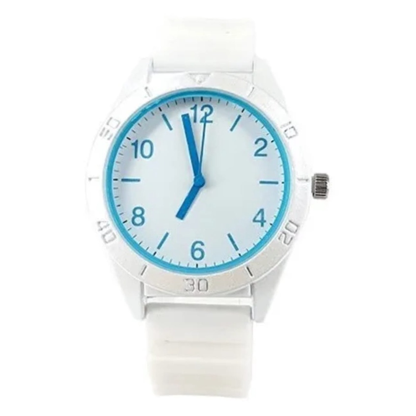 Relógio Moderno Pulseira Branco Com Azul de Borracha Analógico Unissex com caixa