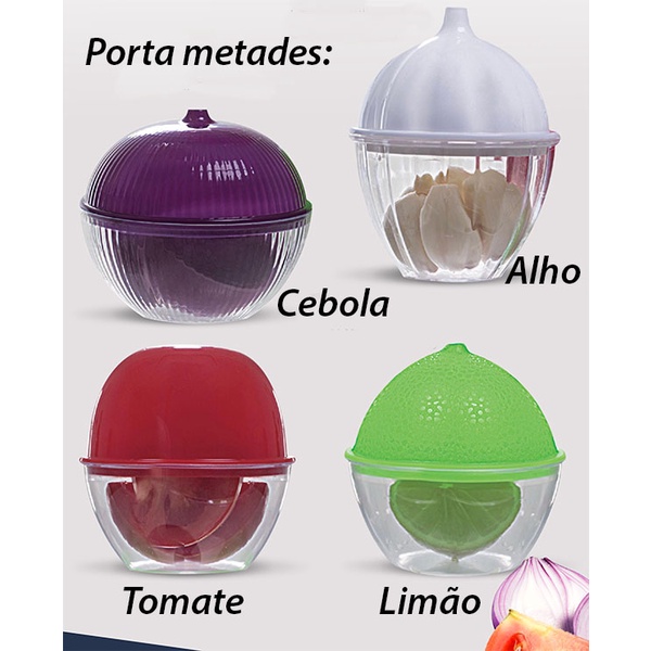 Porta metades em plástico no formato alho, cebola, limão e tomate - pode comprar separado ou o kit