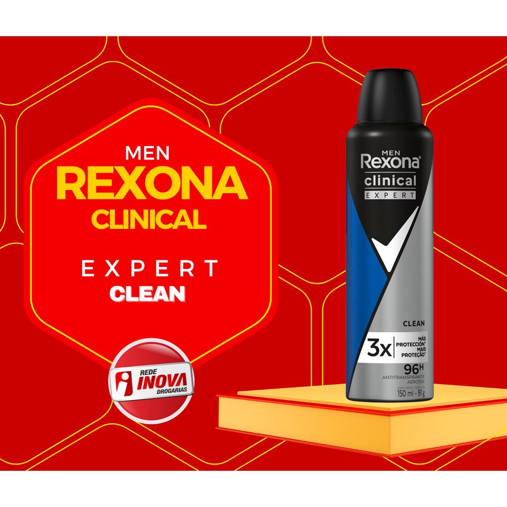 Desodorante Rexona Clinical aerosol masculino 91g-150ml clean 96 horas proteção antitranspirante azul