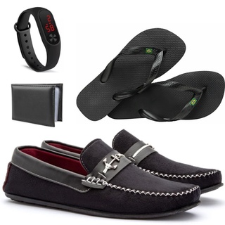 Kit 4 em 1 Mocassim masculino de camurça + chinelo + carteira e relógio