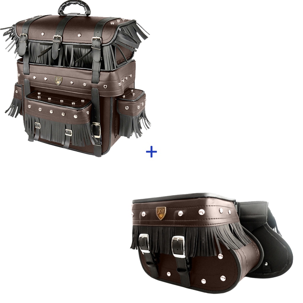 Kit Viagem Alforge Traseiro 60 Litros Couro Sintético Marrom C/ Cravos e Franjas + Alforge Lateral Botinha 18 Litros Couro Sintético Marrom C/ Cravos e Franjas