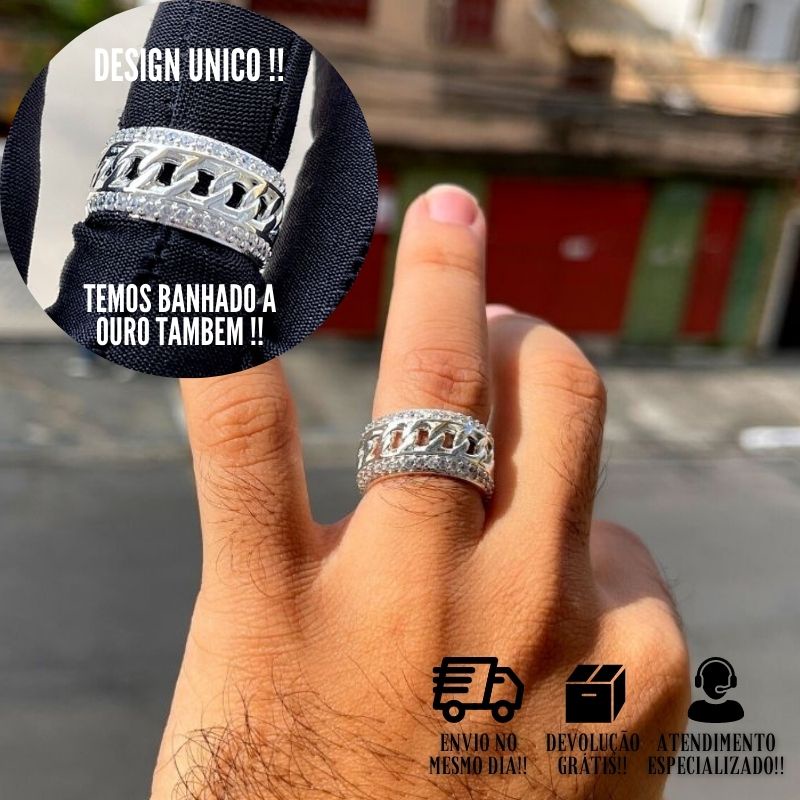Anel Masculino de Prata 925 Aliança Cravejada com Pedras Brilhantes Banhada a Prata