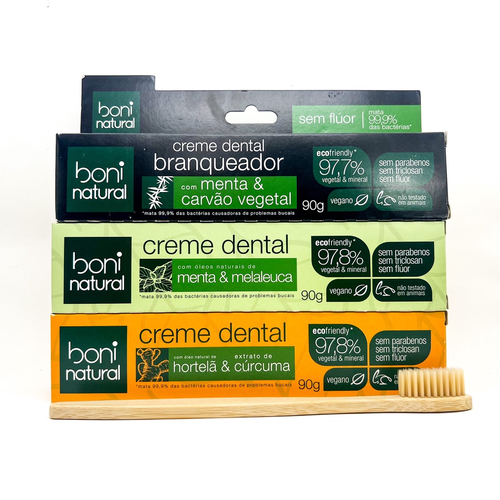 Kit Creme Dental Boni Natural C/ 3 Diversos + Escova Bambu
