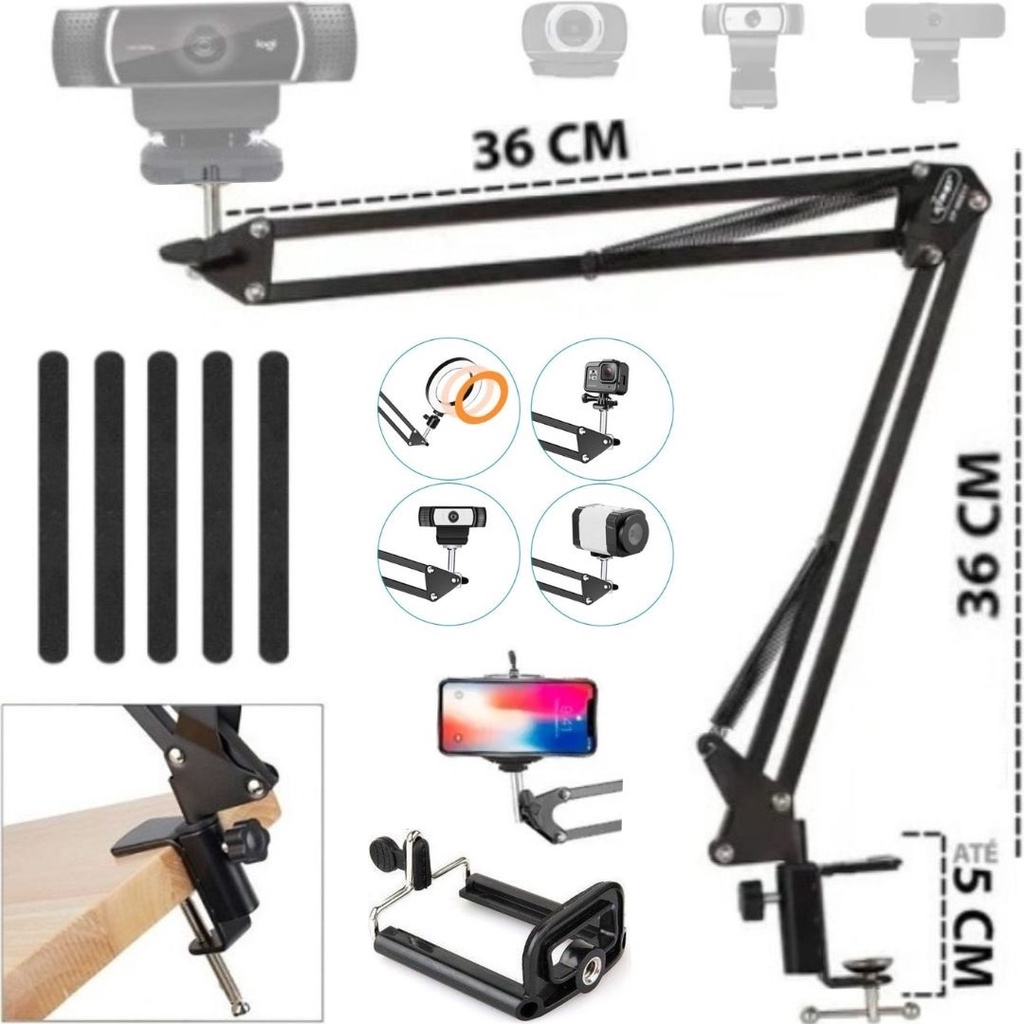 Braço Articulado Suporte De Mesa Universal Para Celular Webcam Filmadoras Iluminação