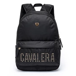 Mochila Cavalera Escolar Feminina Passeio Preta Dourada Acetinada 17L