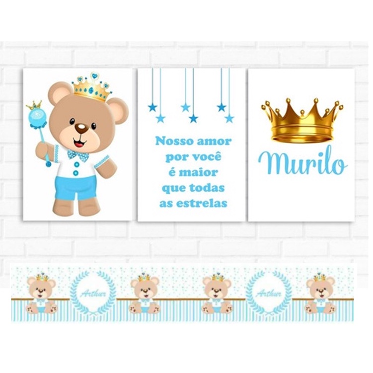 kit quadro decorativo infantil Urso príncipe azul Bebê +2 Faixas decorativas pra enxoval do seu bebê