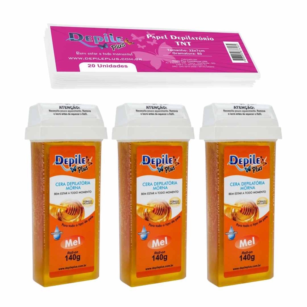 Kit Papel p/ Depilação TNT Depile Plus Gramatura 80 - 22x7cm +  3 Ceras Depilatória Roll On Depile Plus Mel