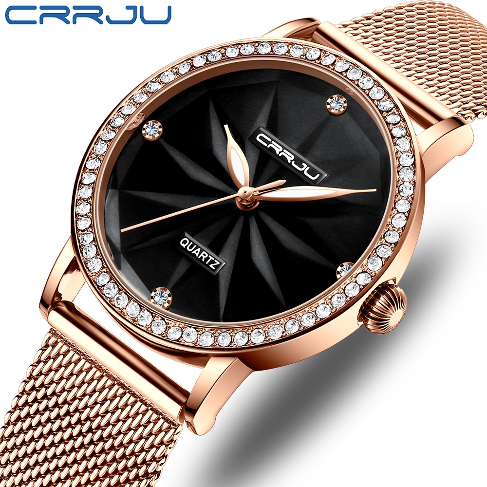 CRRJU Women Watch Fashion Elegant Gold Quartzo De Aço Inoxidável 2171 X