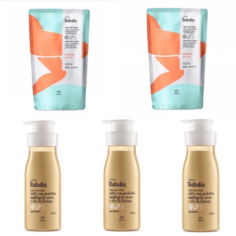 Kit 3 Cremes Hidratantes Corporais + 2 Refil Natura Tododia Macadâmia 400ml Original