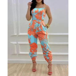 Macacões Longos Elegantes Sem Mangas Com Estampa Casual De Verão Sexy Hollow Out Costas Lace Up Romper Lady Square Neck Jumpsuits