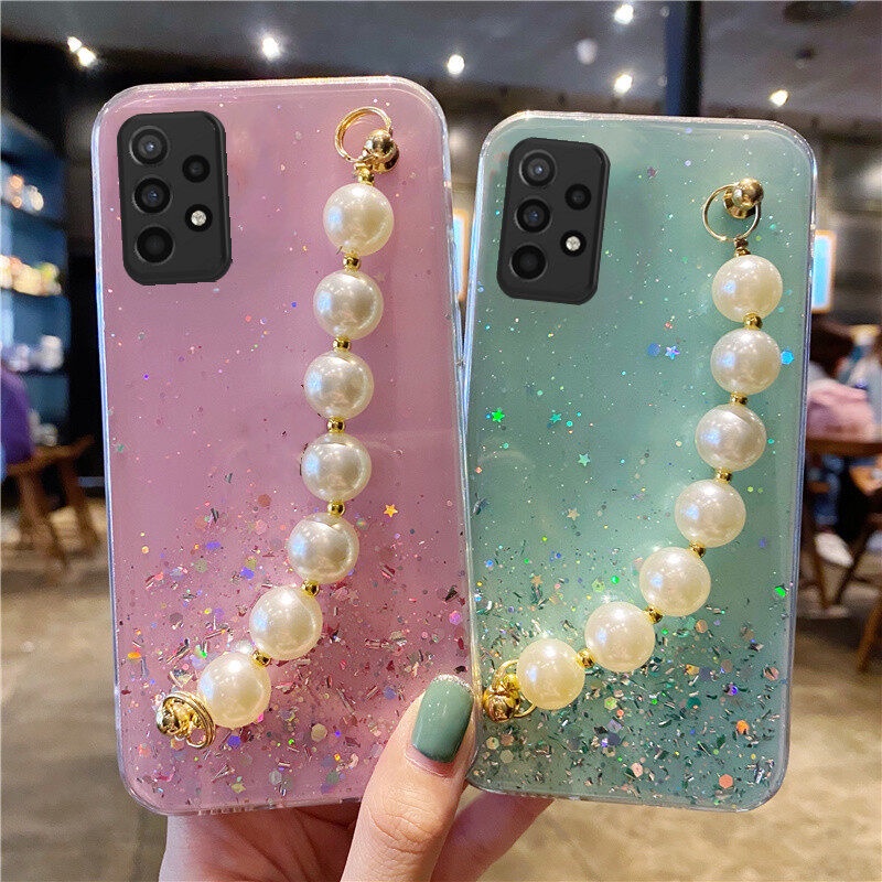 Capa De Celular De Moda Para Samsung Galaxy A73 A53 A33 A23 A23 LTE A13 M33 M23 5G 4G Glitter Céu Estrelado Transparente TPU Flexível Protetora Com Pulseira Pérola Traseira