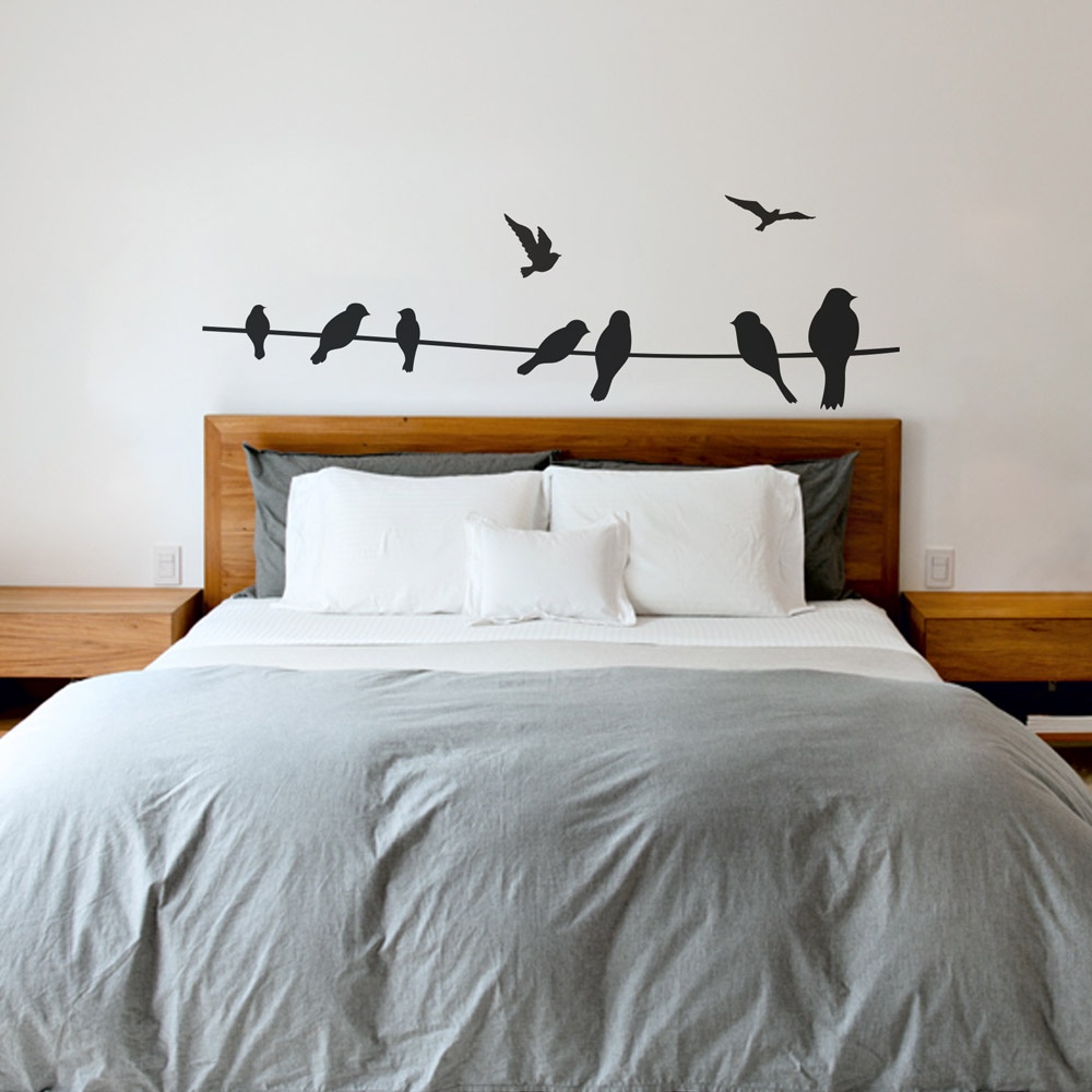 Adesivo de Parede Pássaros Cabeceira Passarinho Decoração Quarto Cama Casal Vinil Preto Autocolante