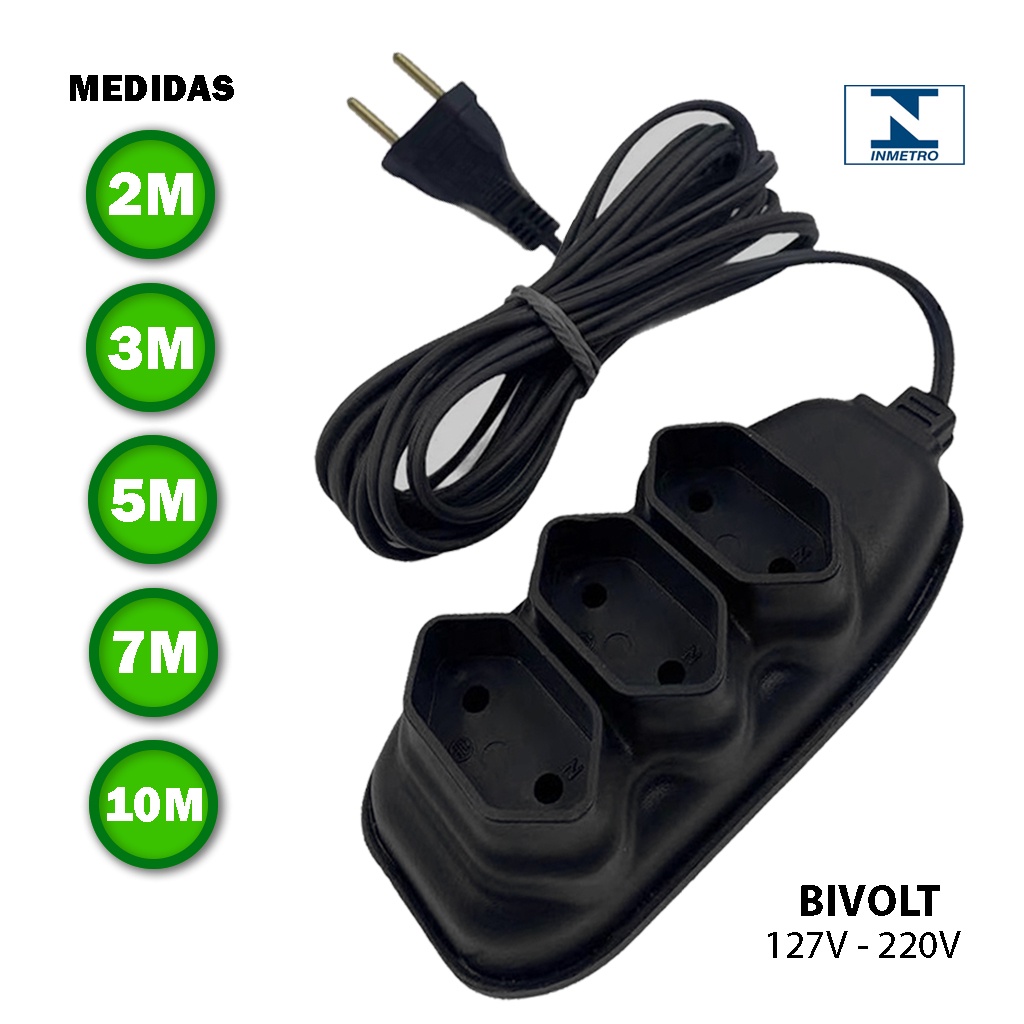 Extensão Elétrica 3 Tomadas Extensão de Energia Com 2 Metros 3 Metros 5 Metros 7 Metros 10 Metros