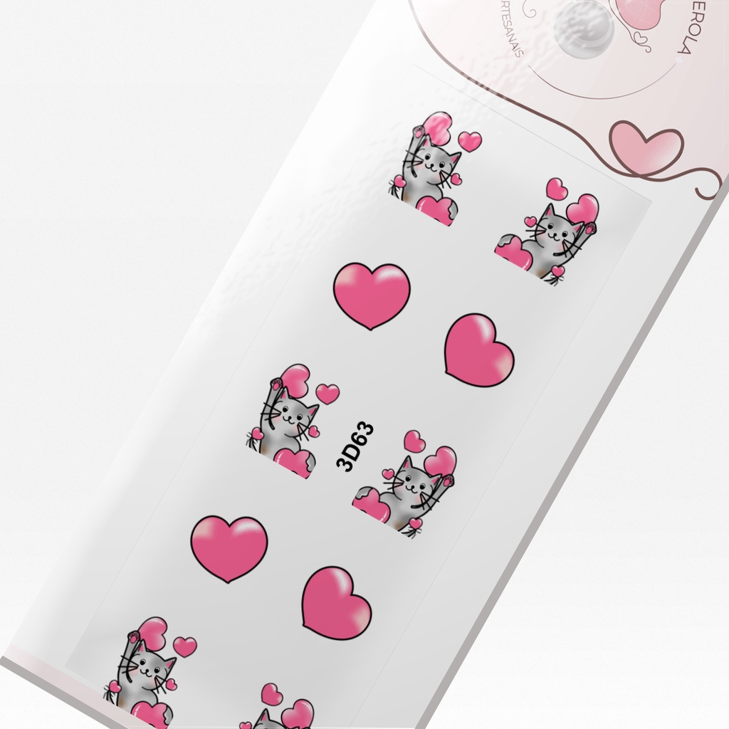 Adesivo de Unha 3D- Gatinhos e coração rosa-3D 63 em Oferta na Shopee