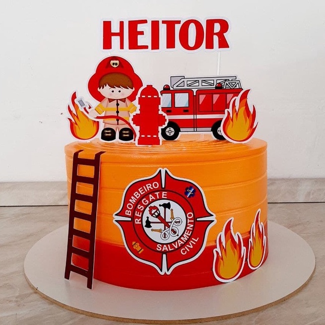 Topper Topo de Bolo Festa Personalizada Bombeiro Cute
