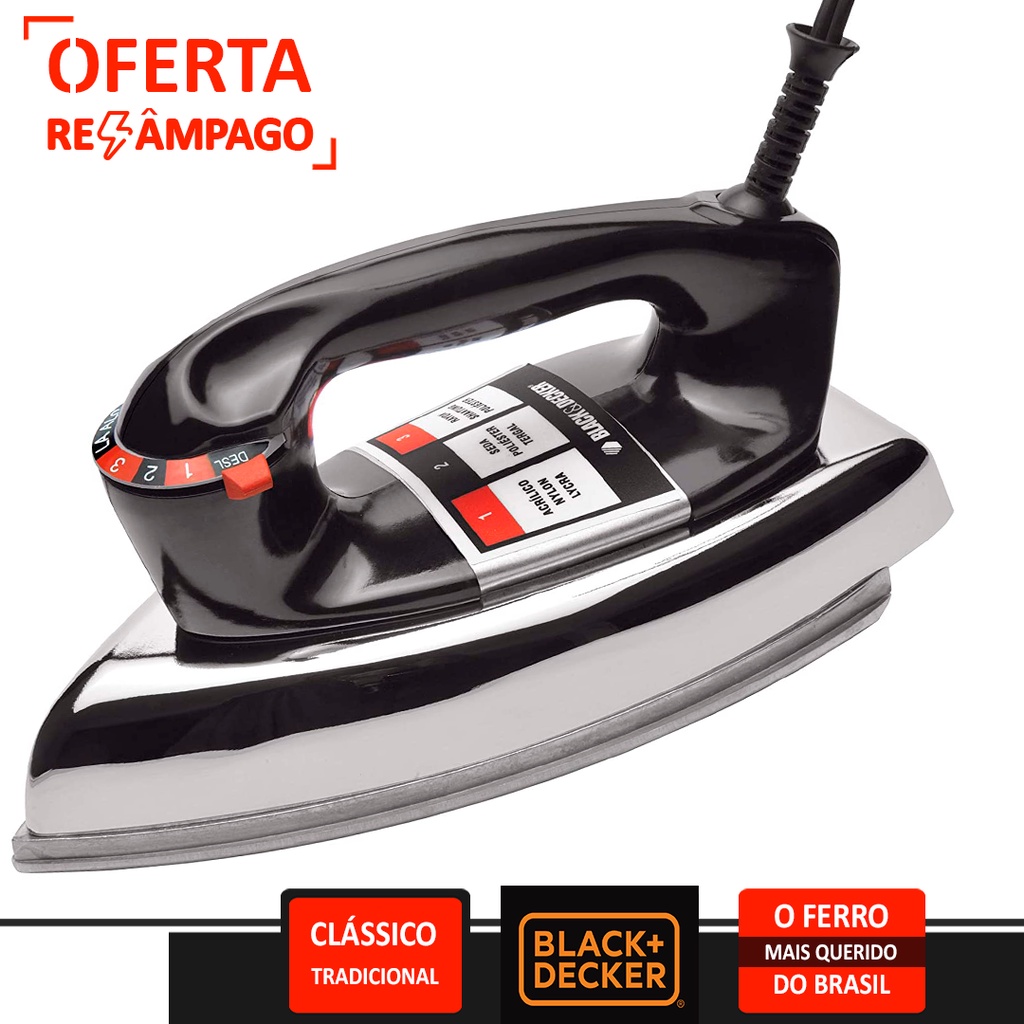 Ferro de Passar Roupas VFA Elétrico Black & Decker Tradicional Preto Clássico Antigo Original 1110W