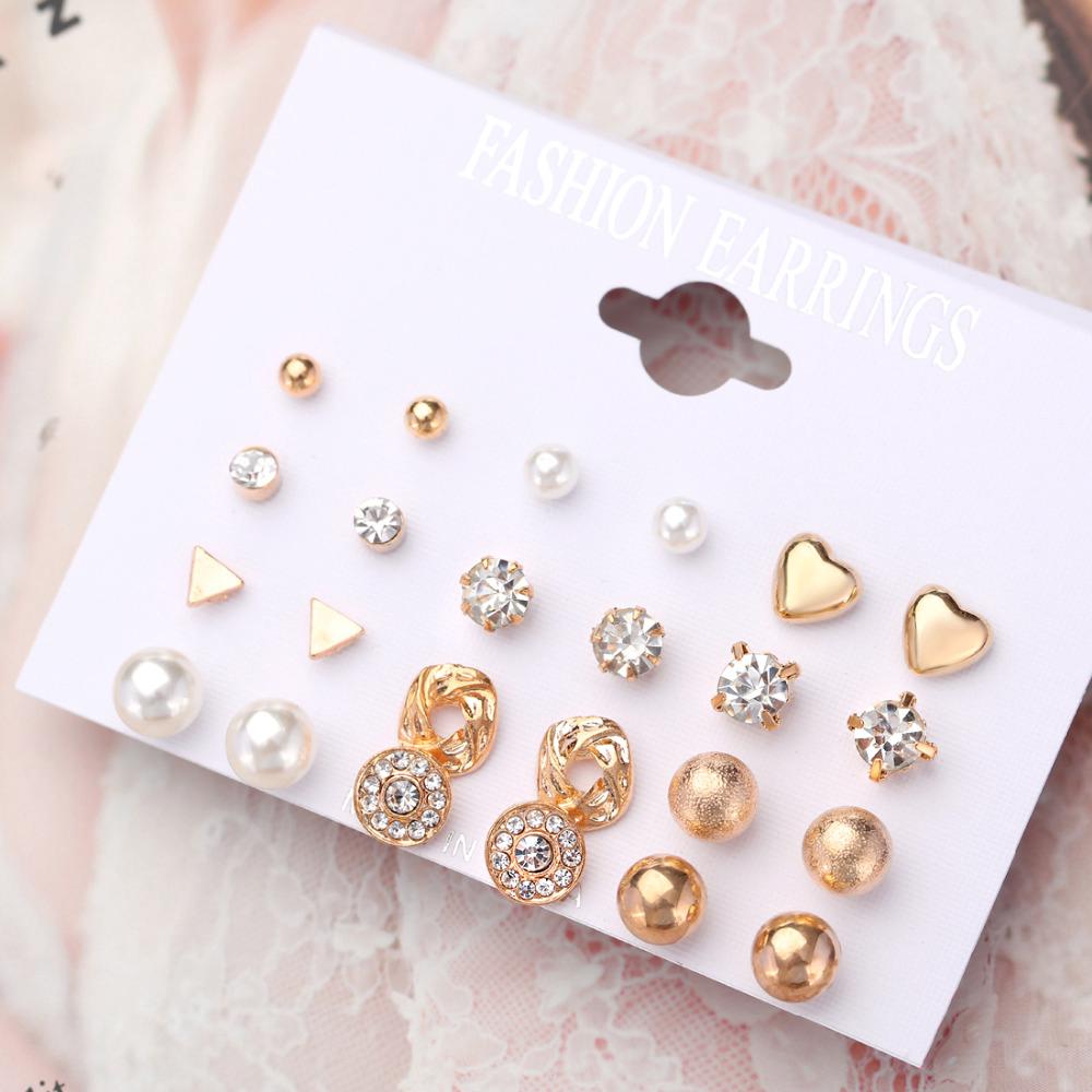 12 Pares / Conjunto Brincos Femininos Quadrados De Coração De Cristal 2019 | 12 pair/set Fashion Trendy Style Women Square Crystal Heart Stud Earrings 2019