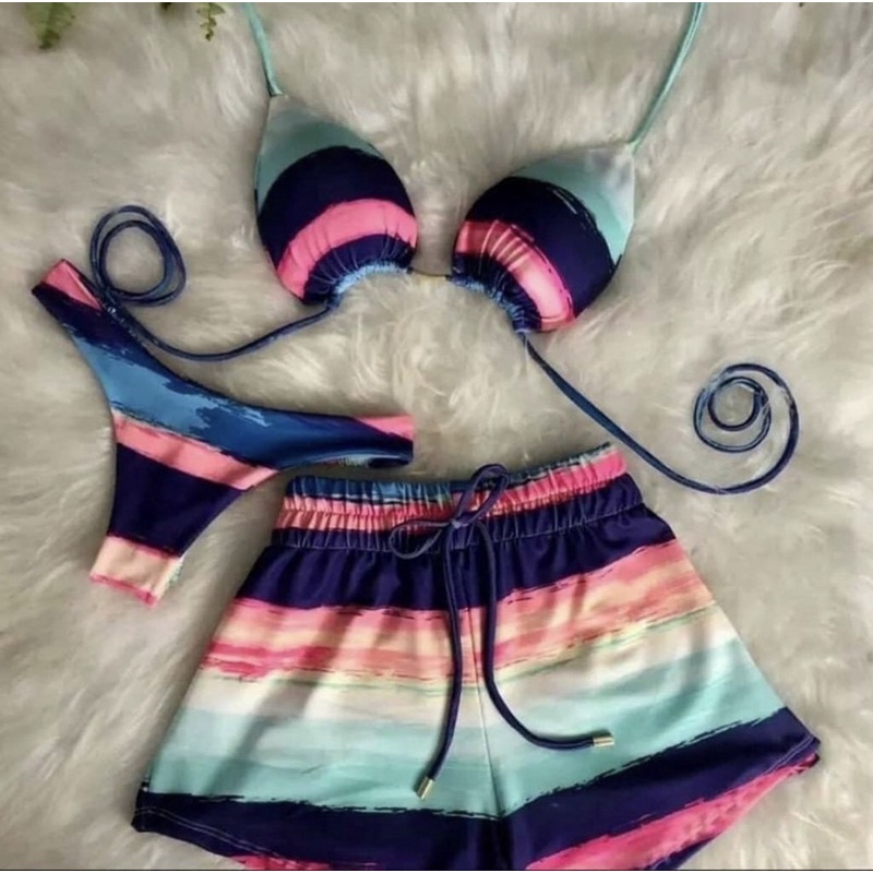 Biquini kit 3 pecas triquini biquini short  Cortininha Bojo removível Short Verão 2026 Oferta
