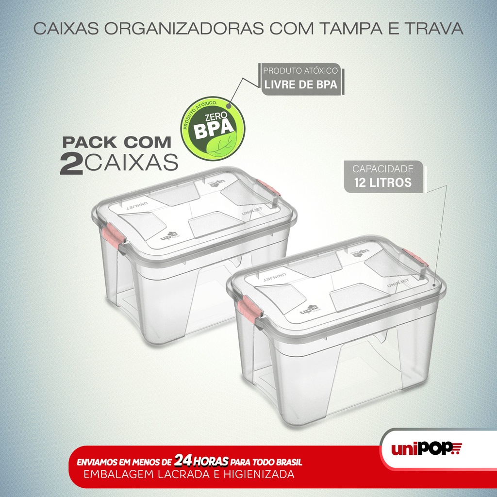 Kit 3 Caixas Organizadoras com Tampa e Travas 20L Transparente