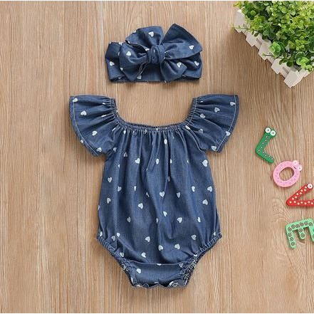 Roupa Bebê Body Romper Babadinho Manguinha Tipo Ciganinha Lookzinho Jeans Coração Love Ensaio Foto Mesversário Aniversário Festa Menina Importado