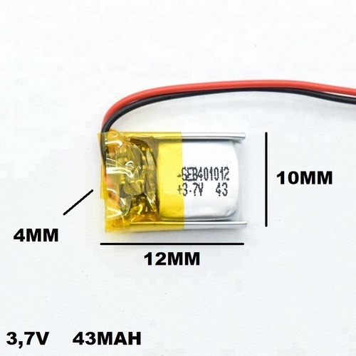 Bateria 401012 com 3,7v 43mah 2 Fios 4mm X 10mm X 12mm Recarregavel ;