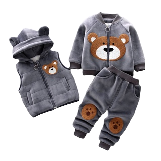 2024 Fashion Cartoons Bear Hooded Warm Plus Colete De Veludo + Trousers 3Pcs Baby Girls Se...