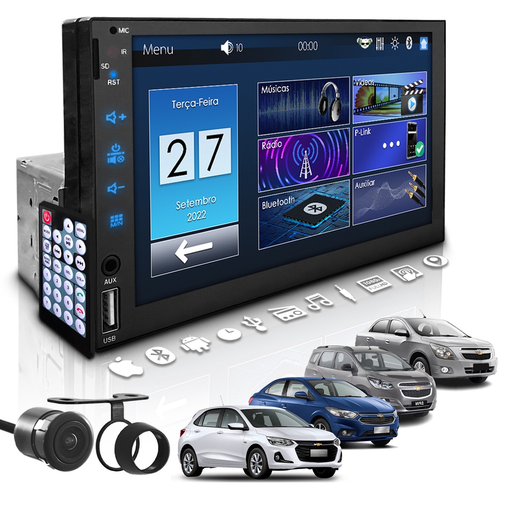 Central Multimídia Universal Mp5 Bt 1 Din 7 Espelha Dvd Câm Chevrolet
