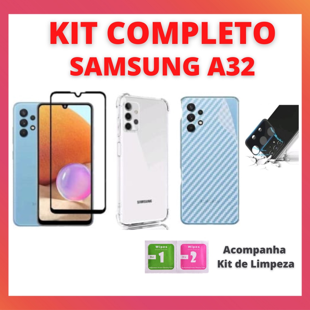 Kit Completo Samsung Galaxy A32 - Película 3d Frontal + Capa Anti Impacto + Película Câmera 3d + Película Carbono.