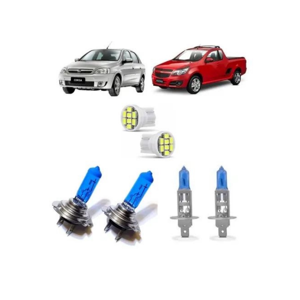Kit Lâmpadas Super Branca Farol Baixo H7 Alto H1 Corsa Montana 2002, 2003, 2004, 2005, 2006, 2007, 2008, 2009, 2010, 2011, 2012, 2013