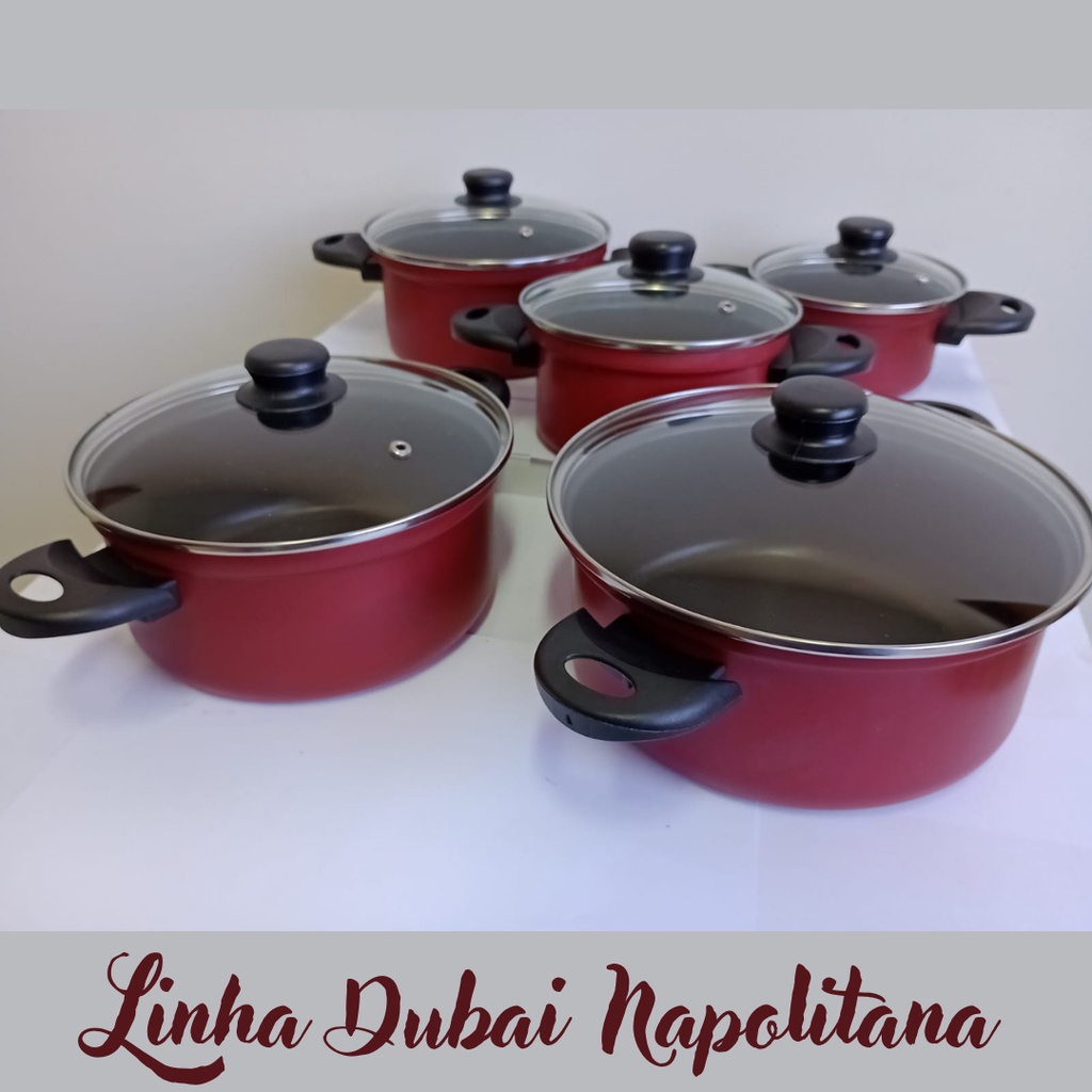 Jogo de Panelas 05 Peças Dubai Napolitana Panelas de Alumínio Panelas Antiaderente Panelas na Cor Vermelha Panelas na Cor Preta