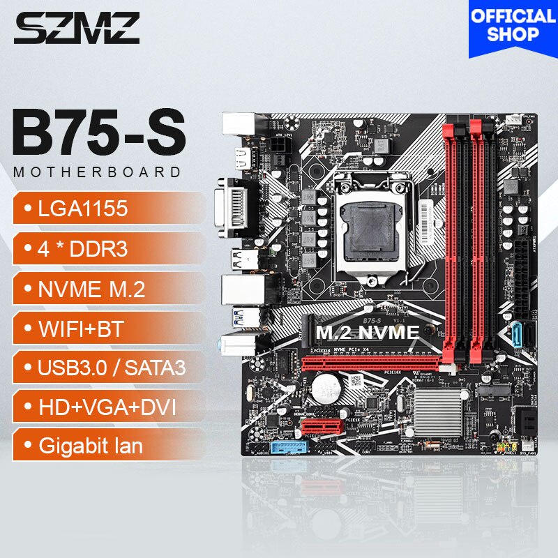 Szmz b75 motherboard Suporte lga 1155 4 X ddr3 usb3.0 sat3 nvme wi-fi Placa Do bluetooth 1155 PC gamer b75 lga1155