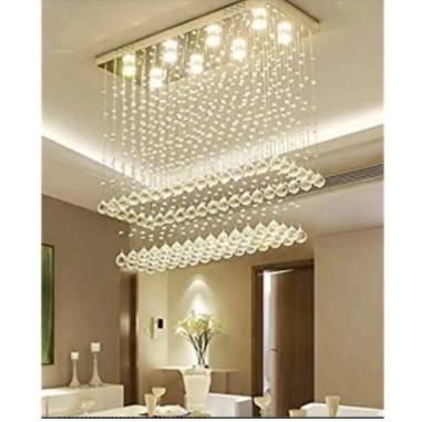 Lustre Cristal Retangular 70cm Altura Base Inox 20x70cm p/ Sala de Jantar Estar 8 Soquetes GU10