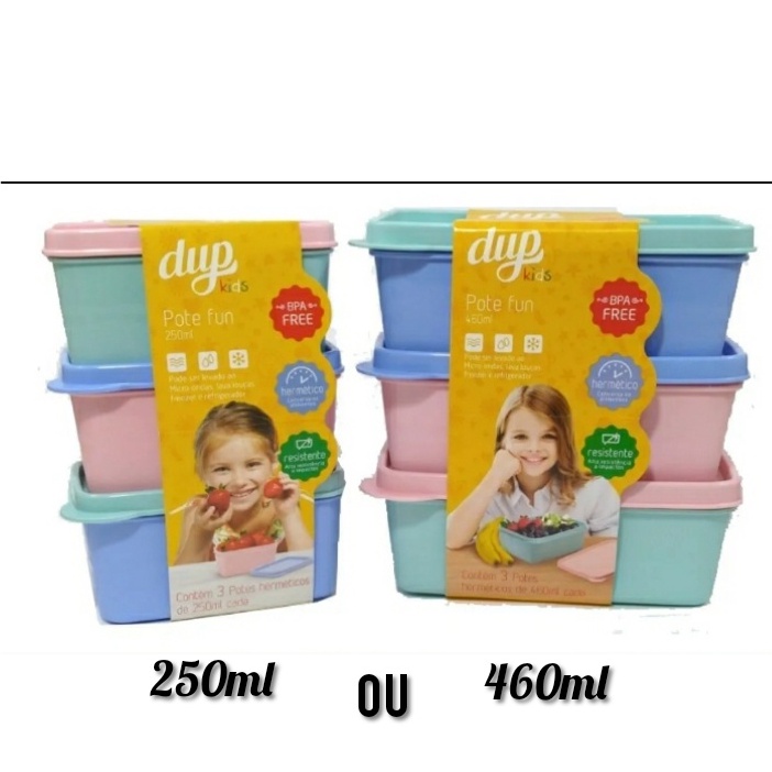 Conjunto 3 Potes Herméticos Dup Kids Fun 250ml ou 460ml Lanchinho Infantil Mini Papinha