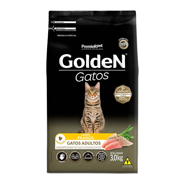 Ração Golden para Gatos Adultos Sabor Frango - 3Kg