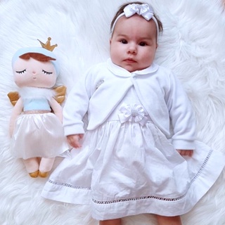 Vestido de Bebê Batizado Branco Menina com Bolero e Tiara 3 Peças 2 a 18 Meses 100% Algodão