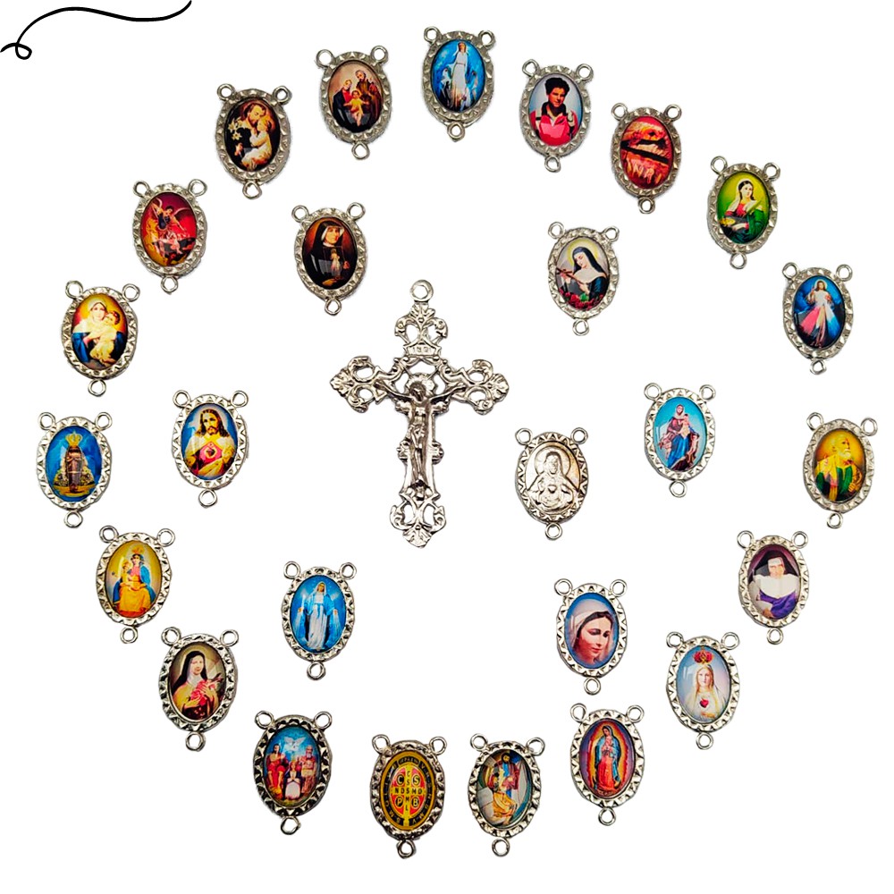 100 Unidades Entremeio Resinados Uma Face e 100 Unidades Crucifixos Italiano Em Níquel/Prata Para Fazer Terço