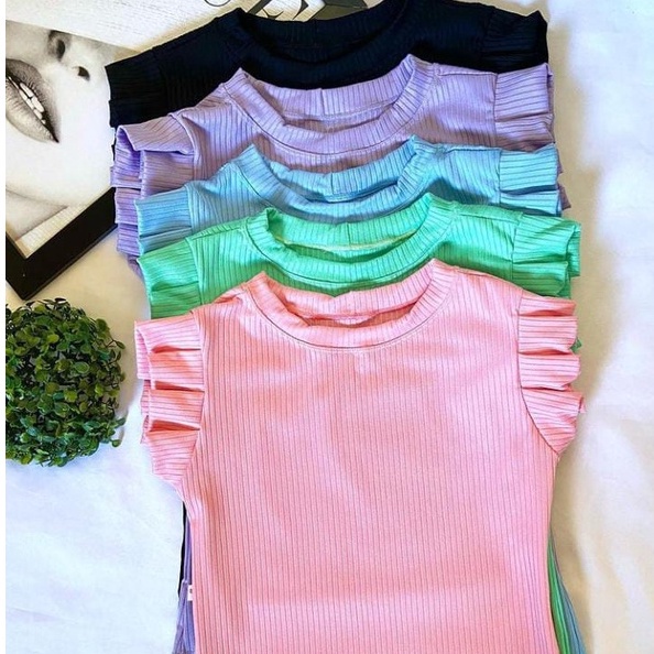 blusa manga curta babado feminino malha canelada com elastano