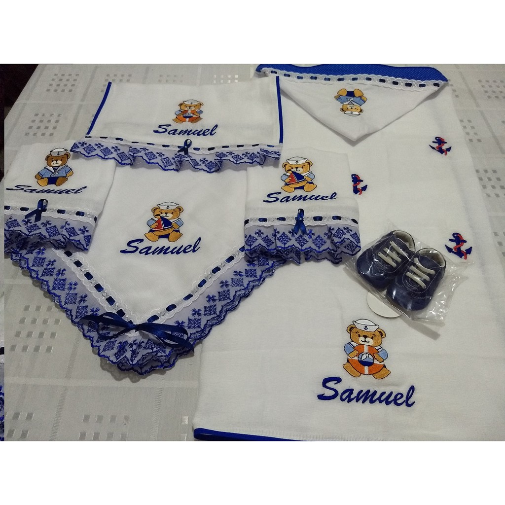 Kit 5 itens, fralda ombro boca banho bordada bebê presente enxoval saída maternidade crochê provençal urso rei nuvem