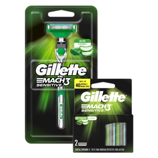 Kit Aparelho de Barbear Gillette Mach3 Sensitive + Carga Gillette Mach3 Sensitive com 2 unidades em Oferta na Shopee