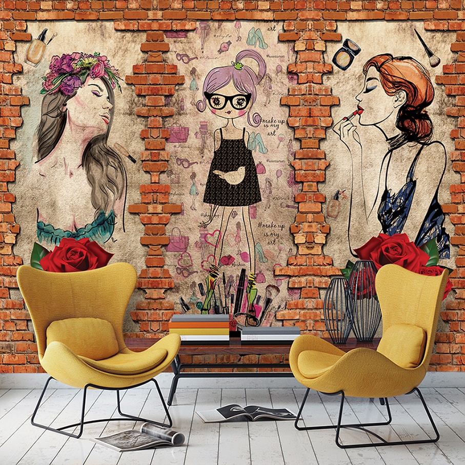 Papel de Parede Design Tijolo Quarto de Menina Retro Sala Studio Maquiagem Salão m² Sob Medidas