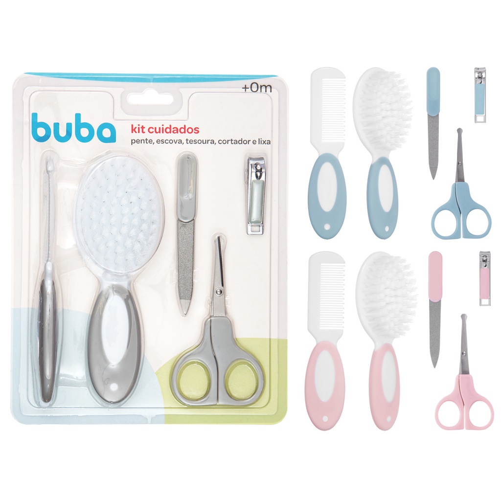 Kit Cuidados Higiene Bebê 5 Pçs Cinza Azul Rosa BUBA menino menina recém nascido Escova Pente Tesoura