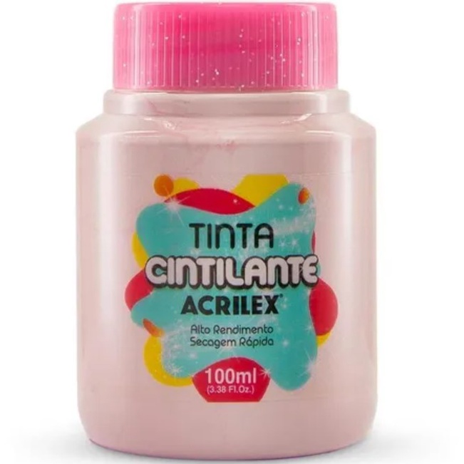 Tinta PVA Cintilante ROSA COTTON 100ml Acrilex - Efeito Glitter , Alto Rendimento - Indicada para madeira, MDF, papel, papelão, argila, cerâmica porosa, isopor, gesso, cortiça, Pet, vidro e metal