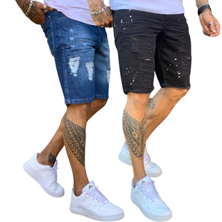 Kit 2 Short Rasgado Destroyed Bermuda Jeans Masculina