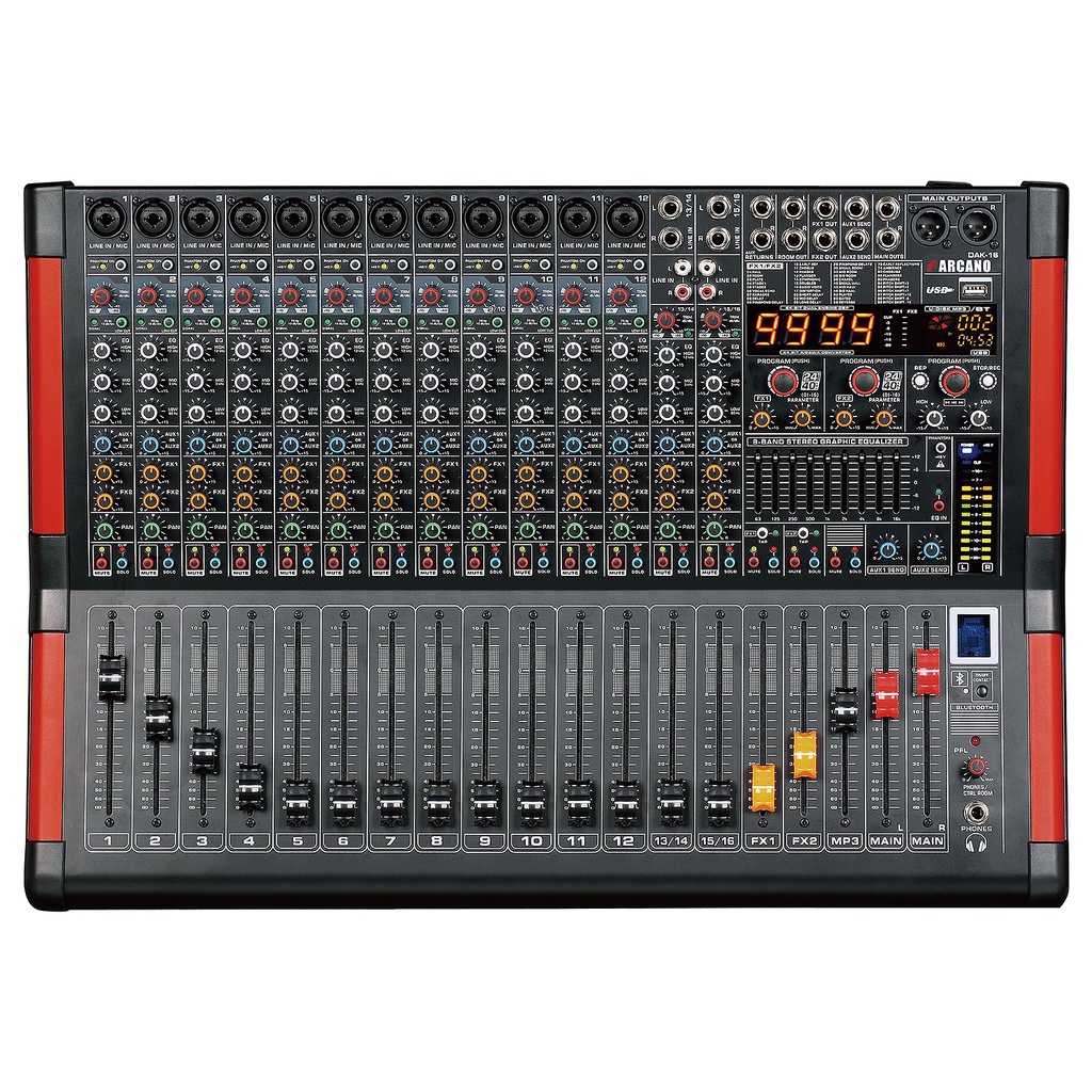 Mesa de som 16 canais Arcano DAK-16 duplo efeito rec EQ USB