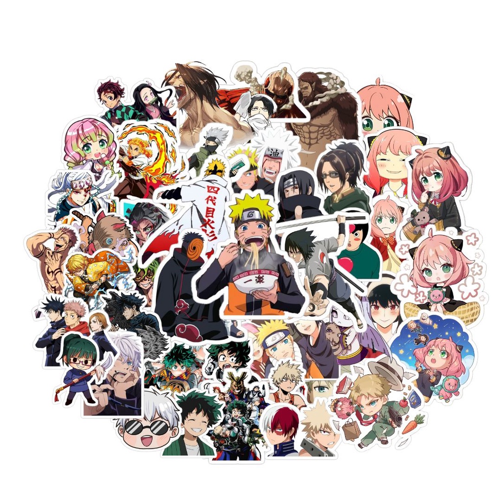 Pack 50 Adesivos de Anime Sticker Figurinha Naruto Demon Slayer Jujutsu Kaisen Attack on Titan Boku no Hero Spy x Family