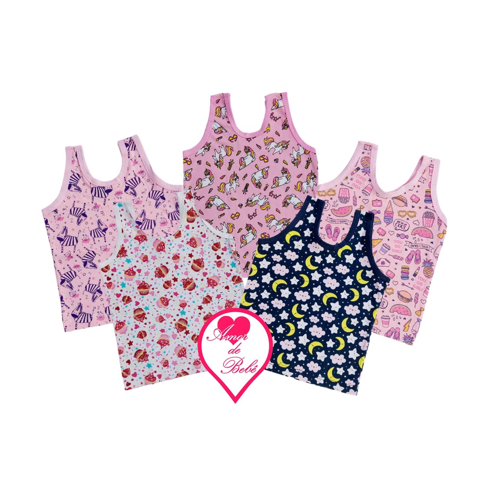 Regata Bebê Menina 100% Algodão Tamanho 1a3 - Camiseta Feminina Sem Manga Estampada para Bebê