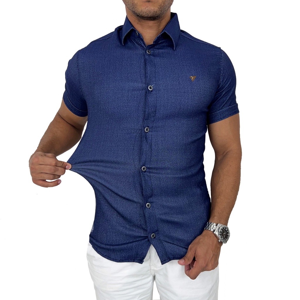 Camisa jeans masculina manga curta best sale slim fit