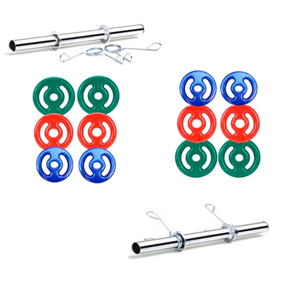 Kit 24kg Anilhas Emborrachadas + 2 Barras 40cm + 4 Presilhas