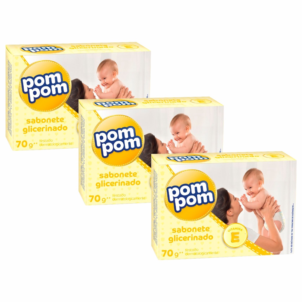 Kit 3 Sabonetes Barra Infantil Pom Pom Glicerinado 70g