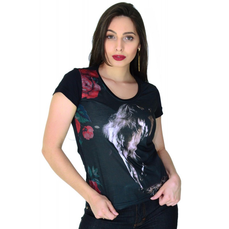 Blusa Baby Look Radade Country Sublimada Cavalo Preta